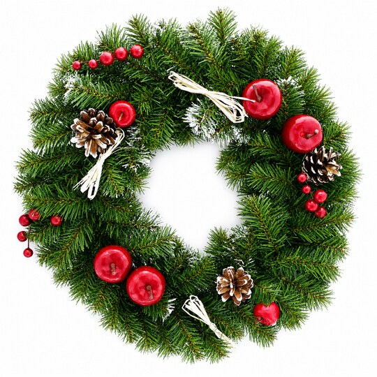BESTPYSANKY; Ukrainian Christmas Wreath w. Frosted Straw Bows, Apples & Pine Cones 16 Inches; Category:Decorated Wreaths; Image:1